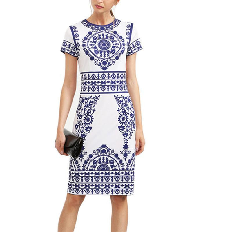 Sheinside Blue Print Winter Dresses Women Sheath White Elegant Vintage Dress Bodycon Ladies Pencil Knee Length Dress