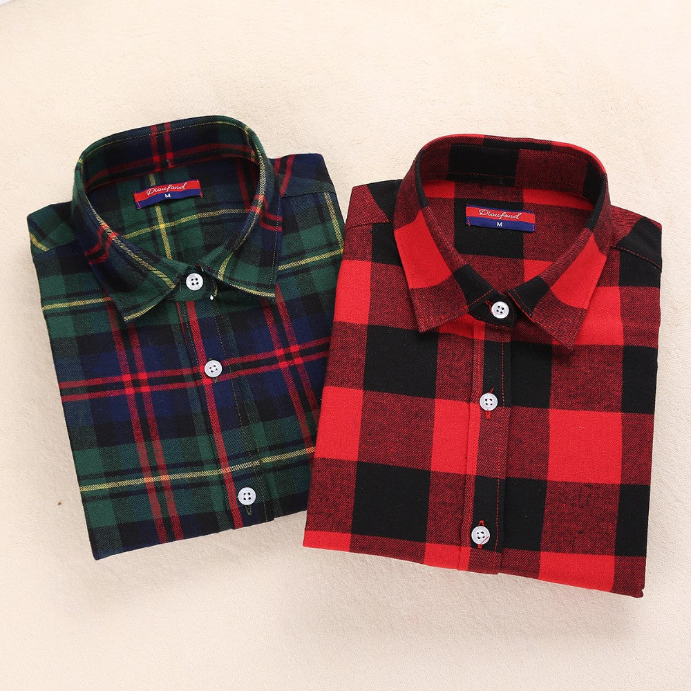 Plaid Shirt Women Cotton Blouse Long Sleeves Ladies Tops Turn-Down Collar Women Blouses Plus Size