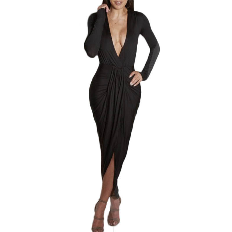 Deep V Neck Bodycon Sexy Womens Party Club Dresses Long Sleeve Autumn Winter Draped Elegant Women Dress Maxi Long Dress Vestidos - CelebritystyleFashion.com.au online clothing shop australia