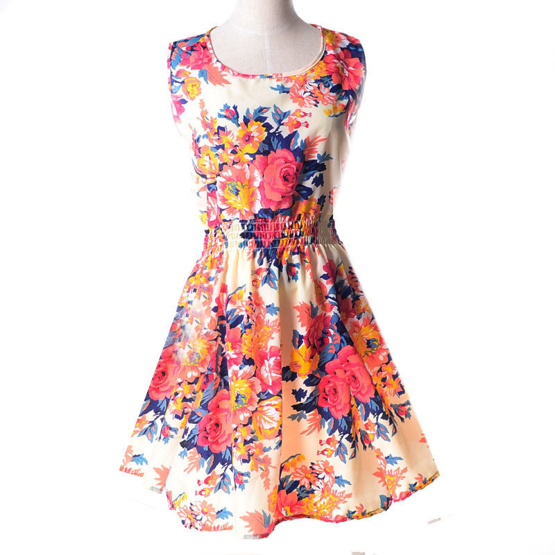 Women casual Bohemian floral flower sleeveless vest printed beach chiffon top dress S092 - CelebritystyleFashion.com.au online clothing shop australia