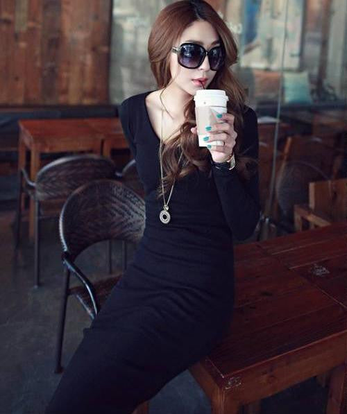 hot winter women Long Dress of micro V-neck dress sexy Slim package hip tight knit bottoming Dress Autumn Dress Vestidos - CelebritystyleFashion.com.au online clothing shop australia