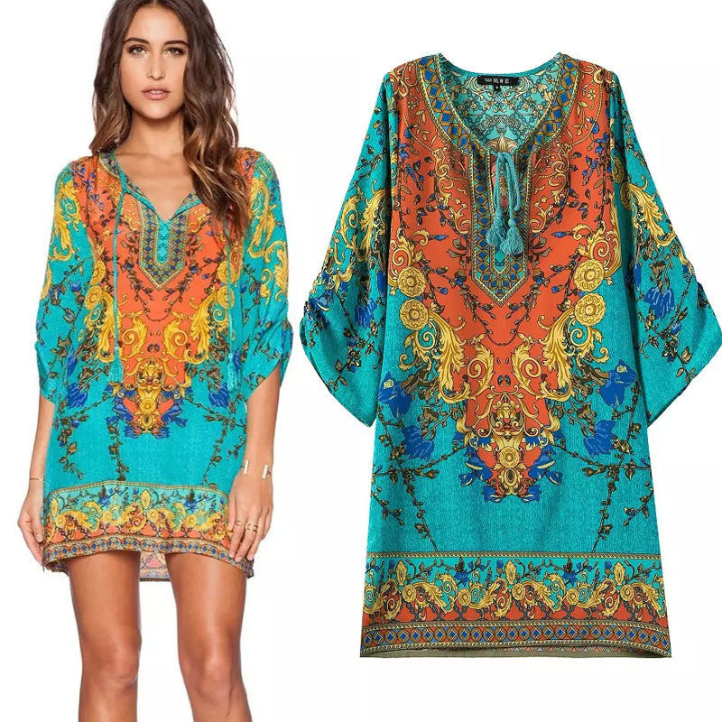 Online discount shop Australia - Floral Print Chiffon Spain Dress Of Color Three Quarter Women Summer Beach Dresses Printed Womens Tunic Top Tunique Femme