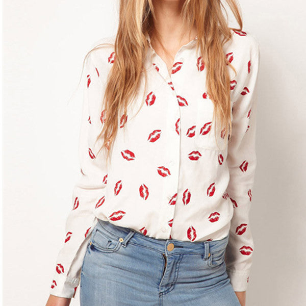 Online discount shop Australia - Fashion Women Button Down OL Lady Shirt Blouse Collared Chiffon Long Sleeve Kiss PrintedTops