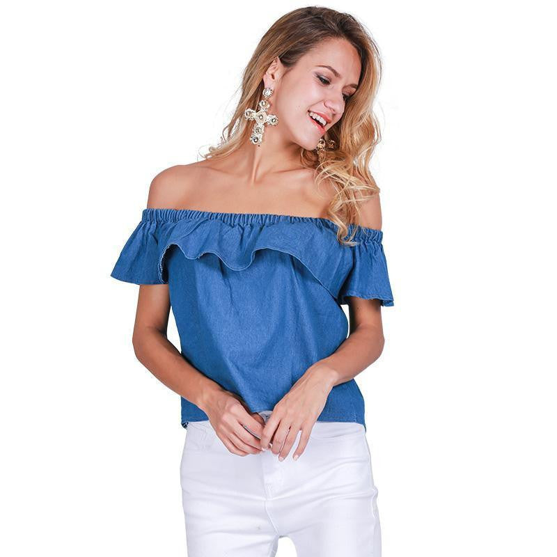 Simplee sexy off shoulder women denim tops Casual ruffles short sleeve blue Loose beach girl tops