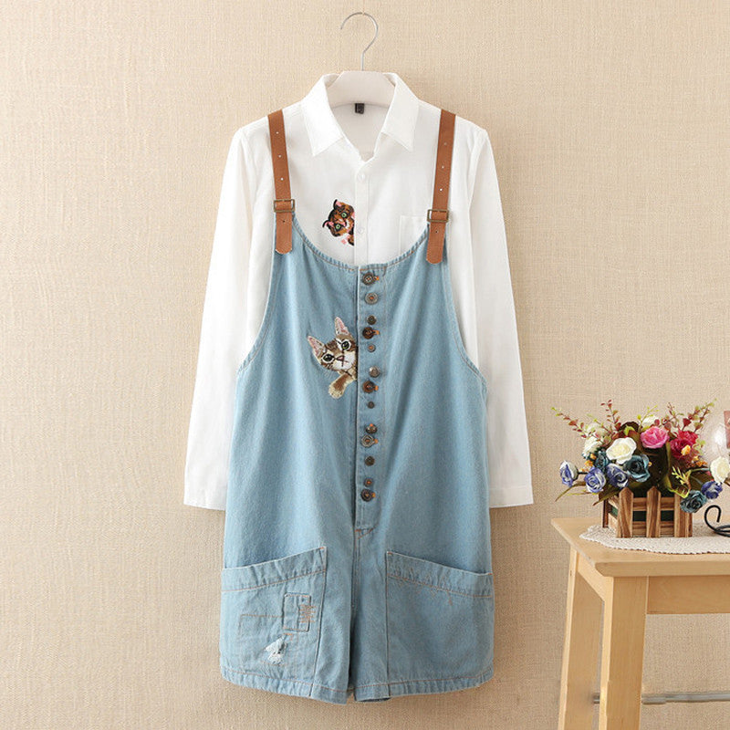 Online discount shop Australia - funny female cats embroidery pattern denim jeans overalls women suspenders wide leg Bib boots short jumpsuit
