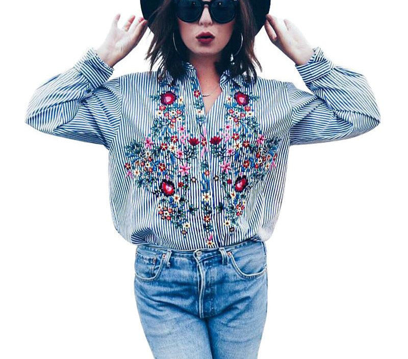 Online discount shop Australia - Casual blue striped shirt  cool long sleeve blouse women tops Embroidery female blouse shirt