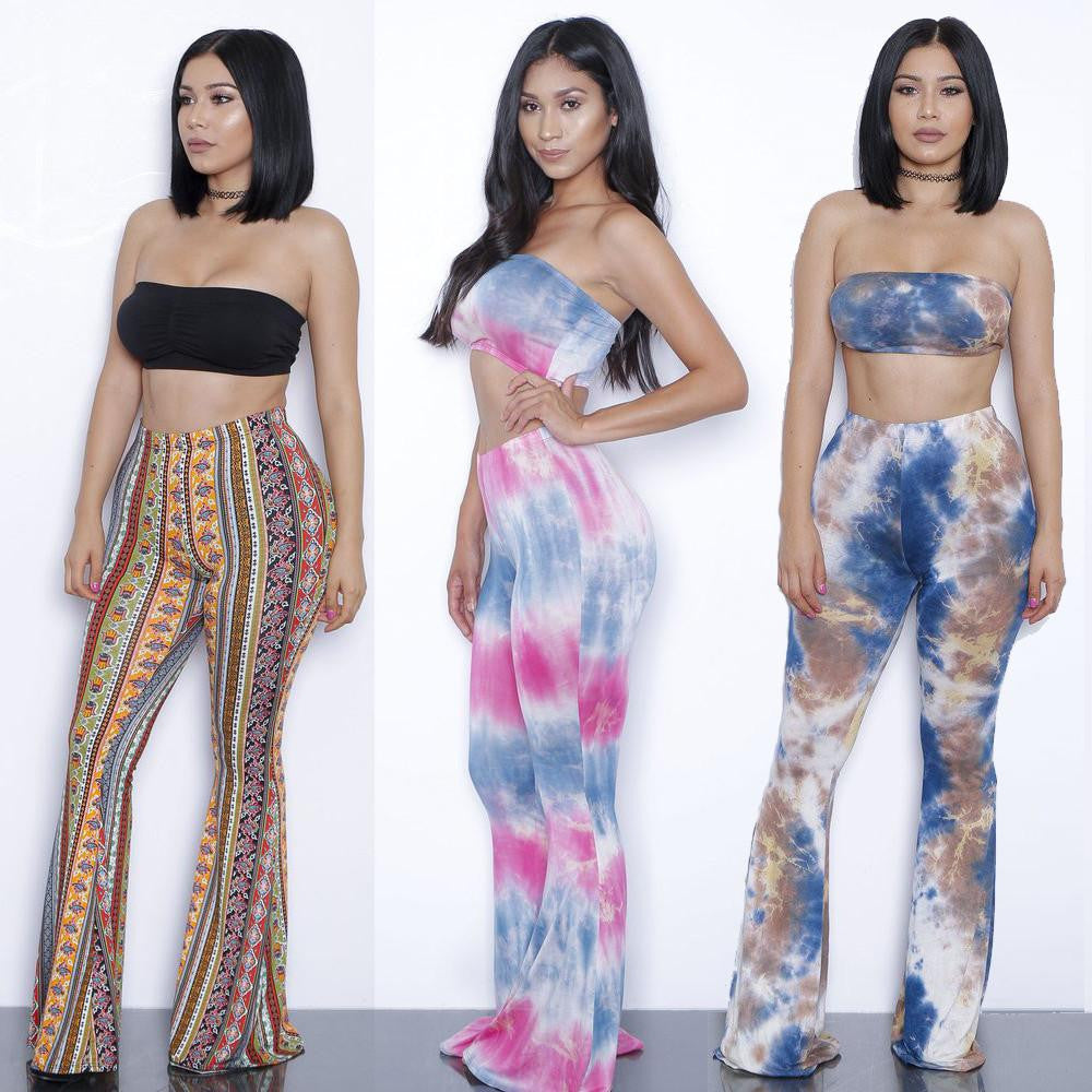 Women Pants Elegant Elastic Casual Long Wide Leg Pants Print Flared trousers Palazzo Trousers Plus Size 19 Colors