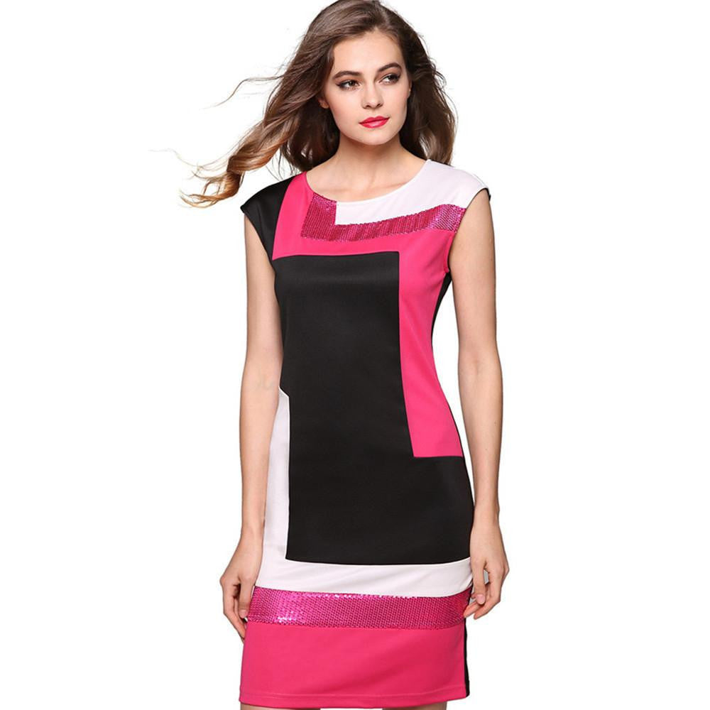 Women Fashion Slim Bodycon Dress Geometrical Patchwork Contrast Color Short Sleeve O-neck Pencil Short Dress S-XXXL