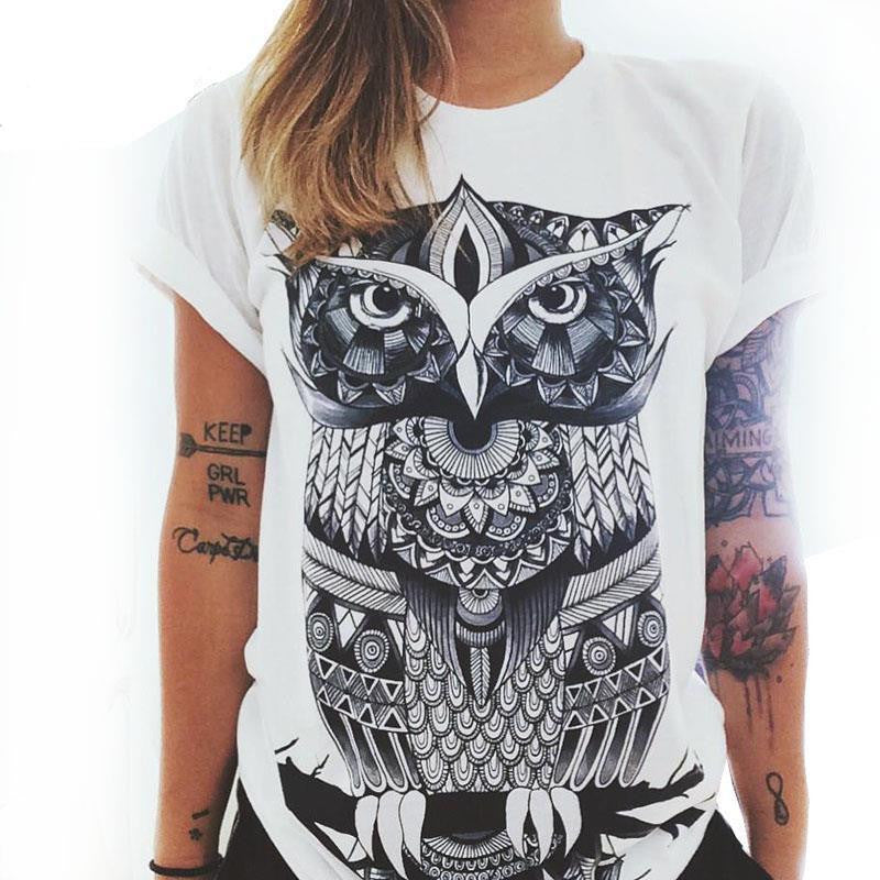 Women Short Sleeve Printed Retro Owl And Palm Eye T Shirts Plus Size 2XL Tee Shirt