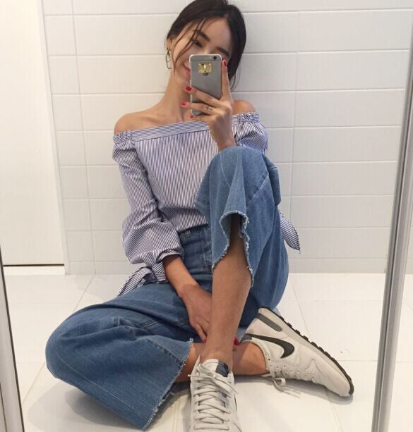 Women Shirts Full Sleeve Striped Off the shoulder Blouse Shirt White Blue