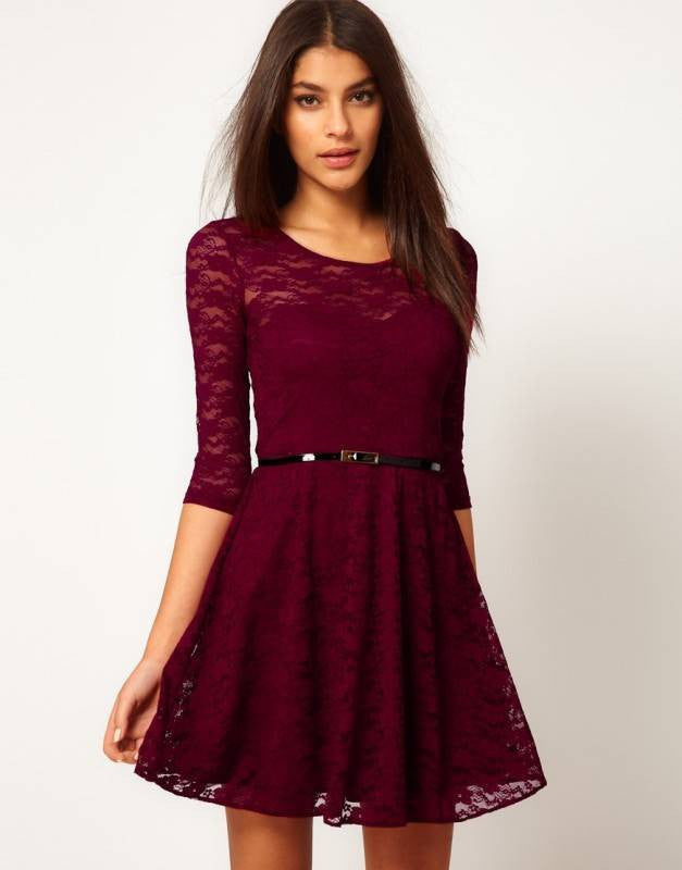 Sexy Spoon Neck 3/4 Sleeve Belt Include Lace colorful Sakter Dress, WL2189 - CelebritystyleFashion.com.au online clothing shop australia