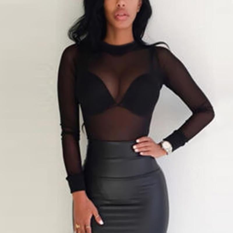 Women Top See Through Transparent Mesh Tee Long Sleeve T Shirt Slim Tops Tee
