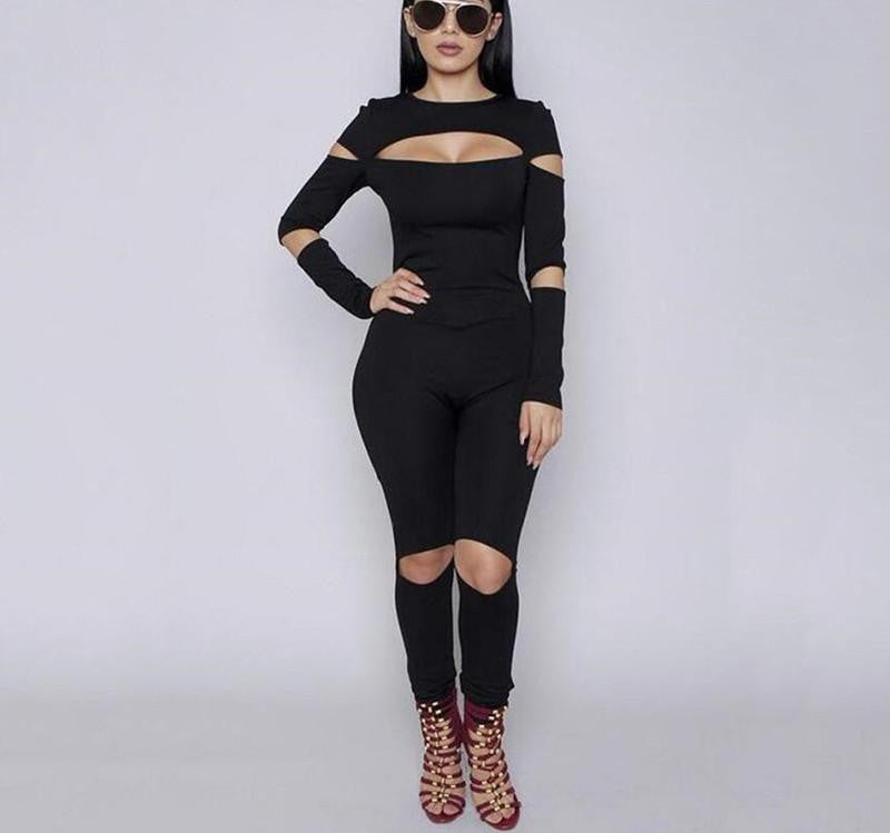 Women Bodycon Jumpsuit Long Sleeve Hollow Out Fahion Club Overalls Bodysuit Rompers Womens Jumpsuits