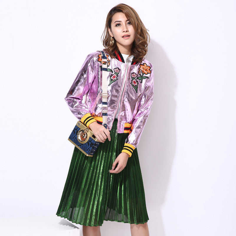 Online discount shop Australia - metal laser PU leather embroidered flowers bomber jacket women basic coat new clothing fashion