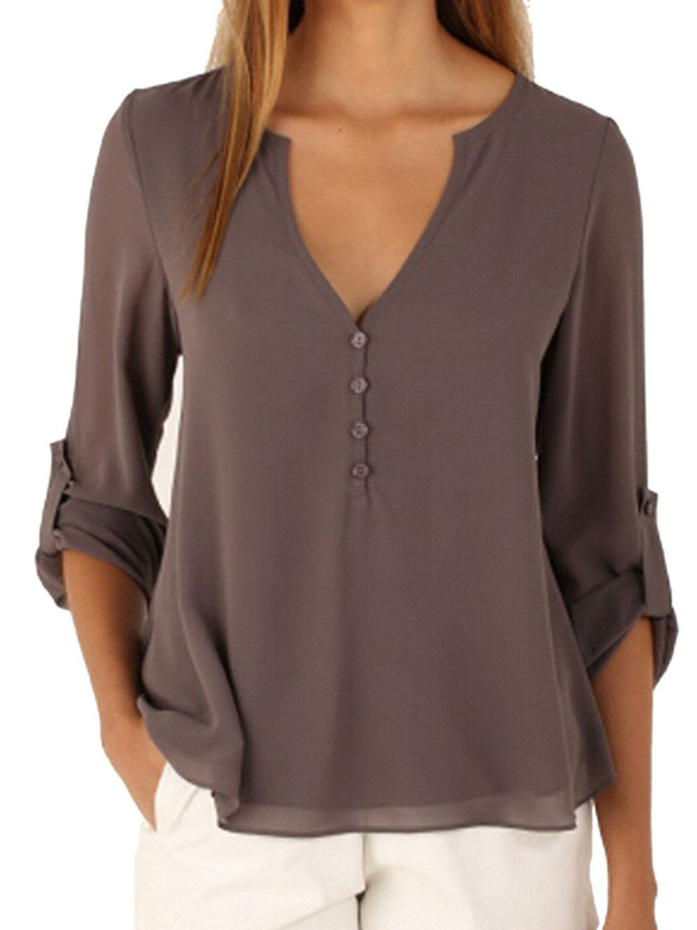 Sheer V Neck Top Button High Low Shirt Blouse Loose Sheer Chiffon Casual Casual Shirt Women Elegant Office Wear Tops