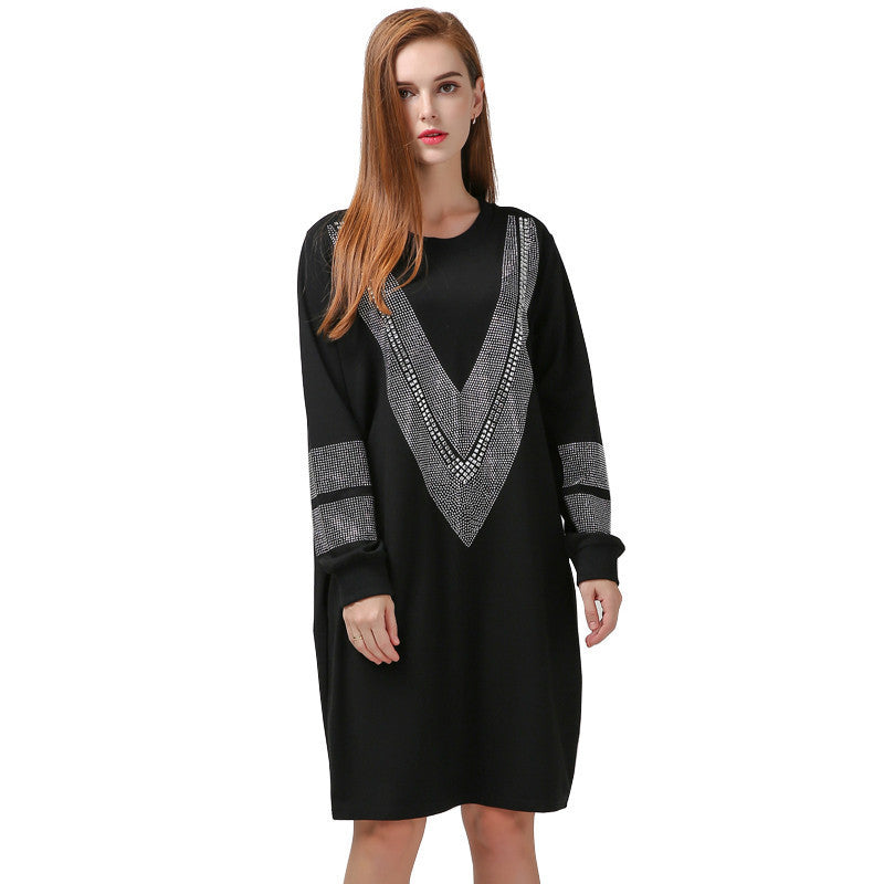 Online discount shop Australia - Autumn Long Sleeve Loose Dress Women V Figure Sparkling Diamond Black Color New Fashion Clothing