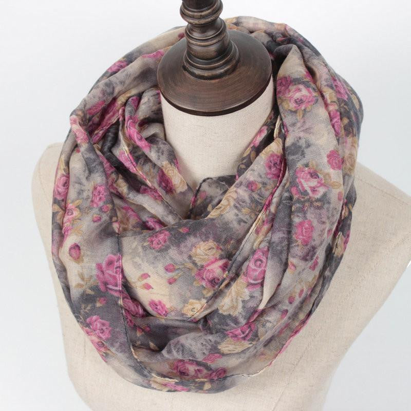 Warm Women Flower Loop Scarf Female Small Rose Print Chevron Ring Scarves Plants Infinity Shawl Wrap