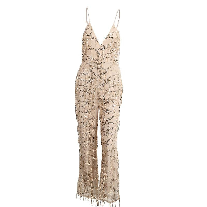 Gold sequin tassel elegant jumpsuit romper sexy mesh club overalls Women v neck sling playsuit
