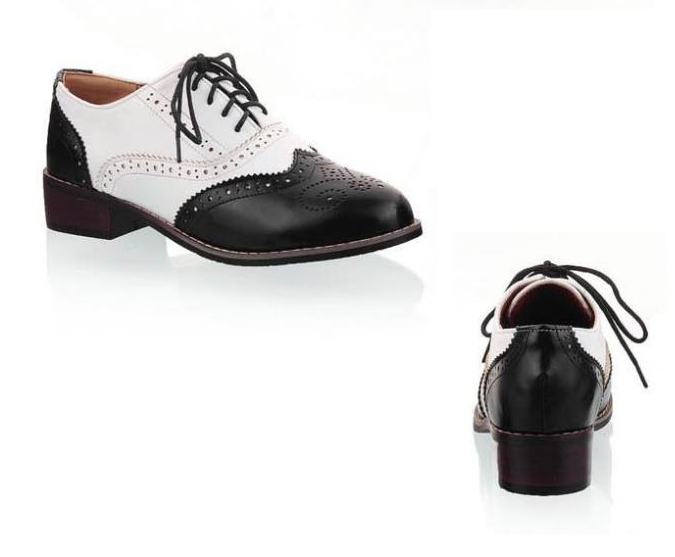 Fashion Vintage Leather Black And White Cutout Carved Lace Up Low Heel Oxford Brogue Flat Shoes For Women Plus Size Casual Shoe-Dollar Bargains Online Shopping Australia