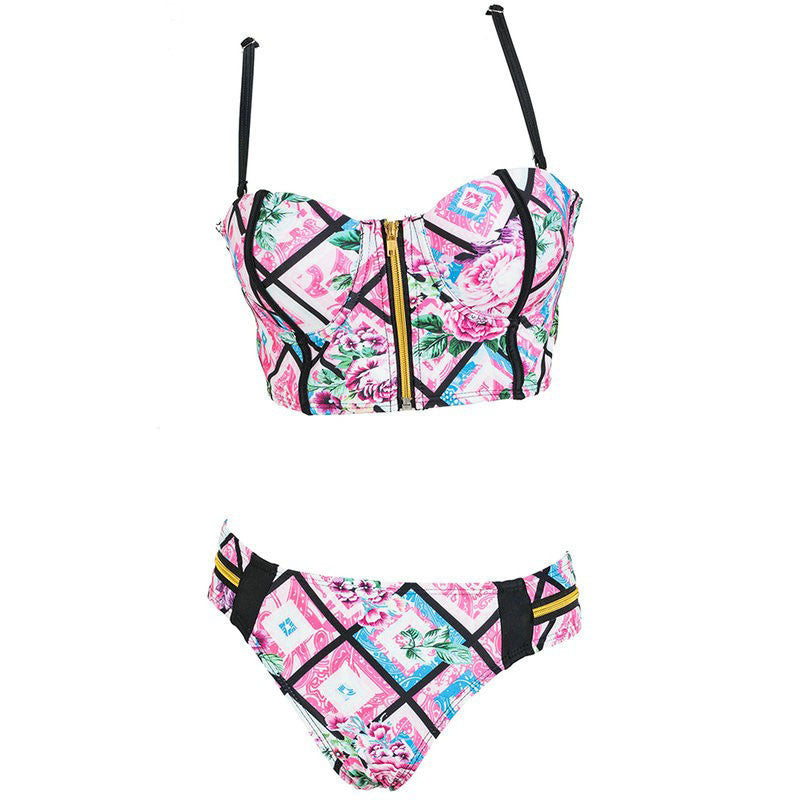 INGAGA Summer Swimwear Floral Printed Zipper Bikini Brazilian Sexy Low Waist Women Push Up Bathing Suit Beachwear-Dollar Bargains Online Shopping Australia