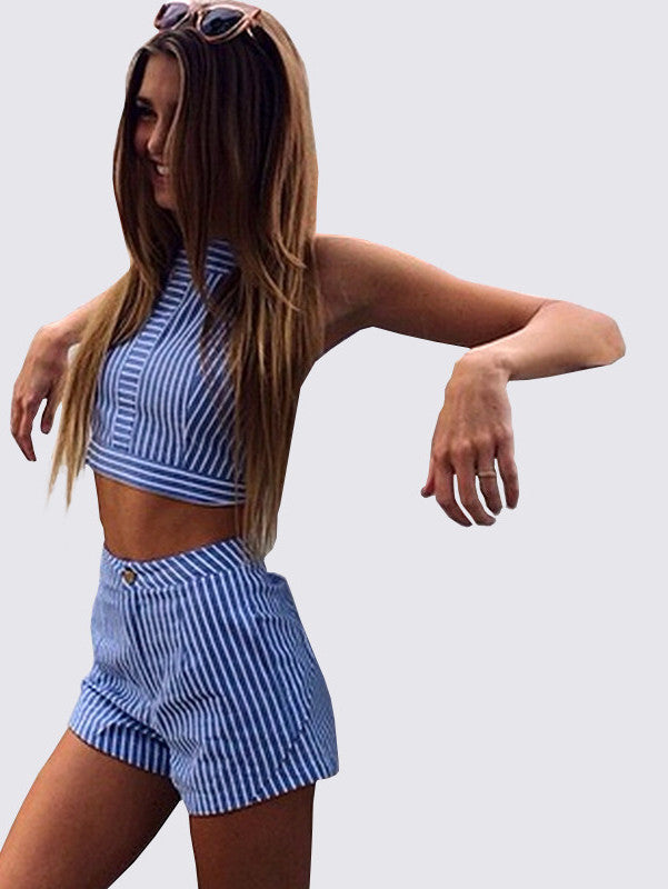Summer Style Fashion Summer Wear Women's Blue Striped Casual Two Pieces Sleeveless Suit-Dollar Bargains Online Shopping Australia