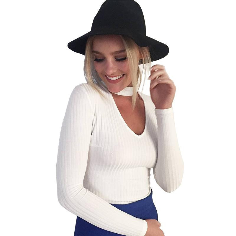 BerryGo Autumn winter black halter knitted sweater White pullover women tops Slim v neck long sleeve chic jumper pull femme-Dollar Bargains Online Shopping Australia