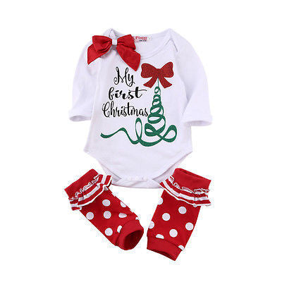 Arrive Autumn Cute born Baby Girl Long Sleeve Bow Romper Bodysuit Sock Outfits Clothes Christmas-Dollar Bargains Online Shopping Australia