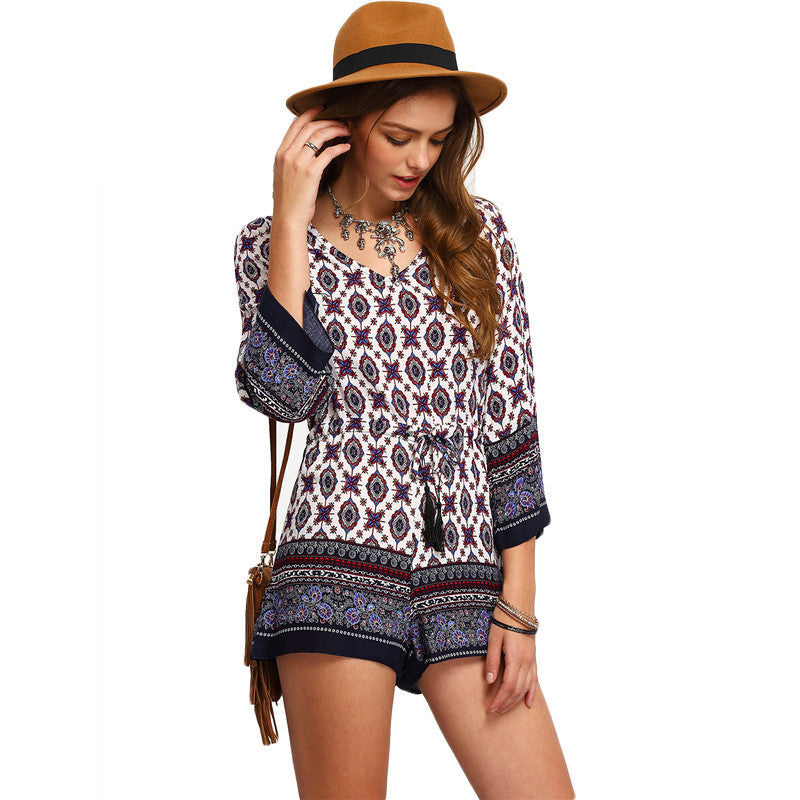 Shorts Rompers Womens Jumpsuits Summer Multicolor V Neck Three Quarter Length Sleeve Tribal Print Tassel-Tied Romper-Dollar Bargains Online Shopping Australia