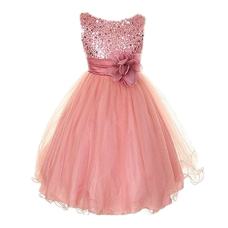 Princess Girl O-neck Sleeveless Sequined Floral Ball Gown Party Dresses One Piece Daily Dress-Dollar Bargains Online Shopping Australia