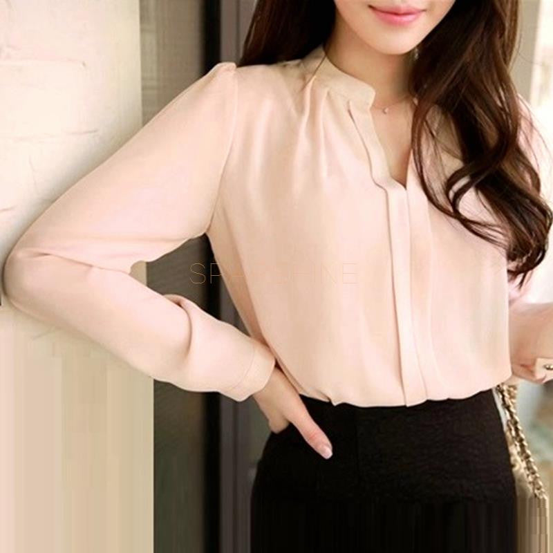 Spring Women Chiffon Shirt Blouse Ladies White Pink Elegant Sexy V-neck Long Sleeve Shirts Female Office Shirt Plus Size-Dollar Bargains Online Shopping Australia