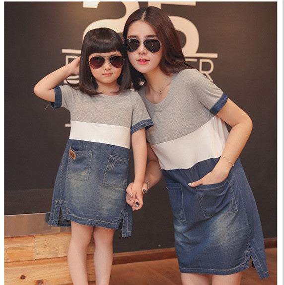 mother daughter matching dresses summer style mommy and me clothes women grey white blue denim patchwork casual loose dress-Dollar Bargains Online Shopping Australia