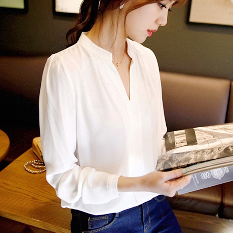 Spring Women Chiffon Shirt Blouse Ladies White Pink Elegant Sexy V-neck Long Sleeve Shirts Female Office Shirt Plus Size-Dollar Bargains Online Shopping Australia