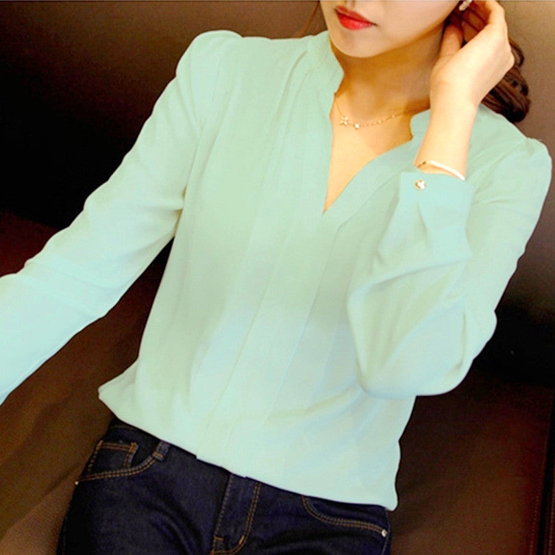 Spring Women Chiffon Shirt Blouse Ladies White Pink Elegant Sexy V-neck Long Sleeve Shirts Female Office Shirt Plus Size-Dollar Bargains Online Shopping Australia