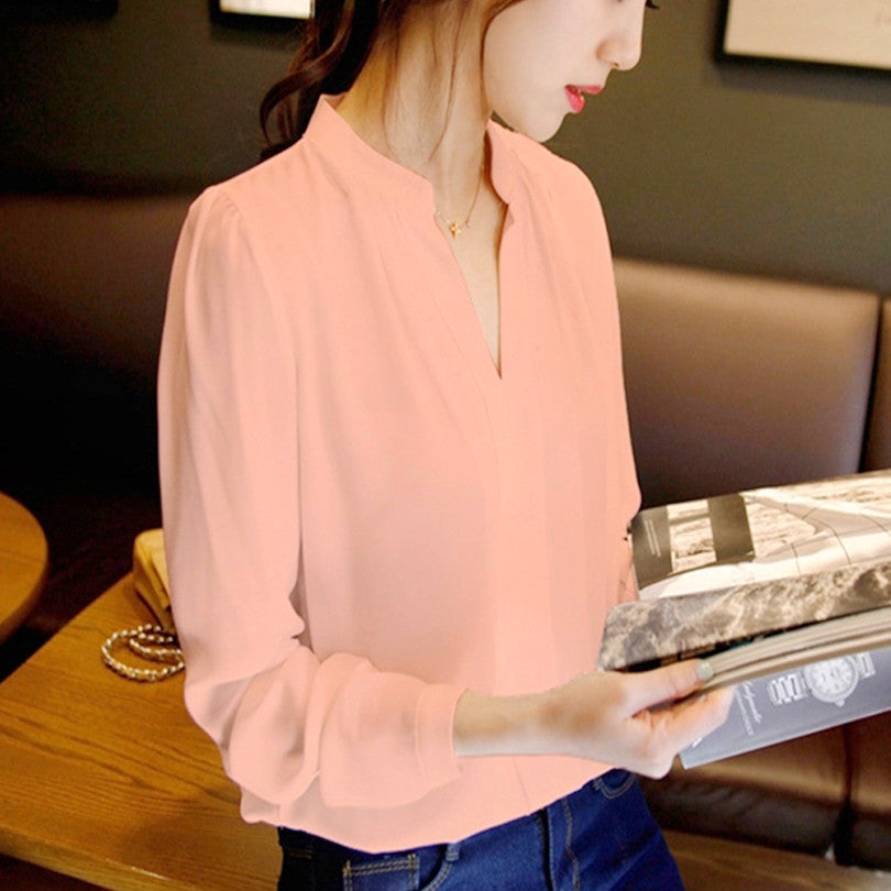 Spring Women Chiffon Shirt Blouse Ladies White Pink Elegant Sexy V-neck Long Sleeve Shirts Female Office Shirt Plus Size-Dollar Bargains Online Shopping Australia