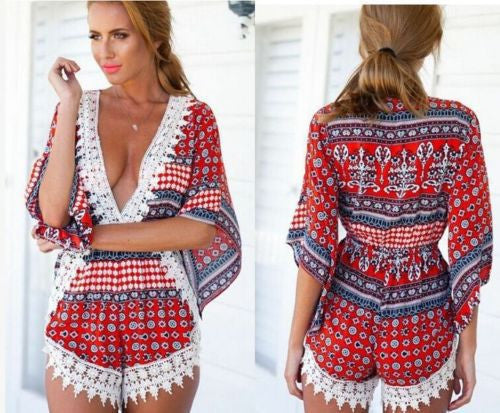 Beach Wear Fashion Lace Floral Shorts Jumpsuits Playsuit irregular crochet Sexy elegant V neck Rompers Womens female Overalls-Dollar Bargains Online Shopping Australia