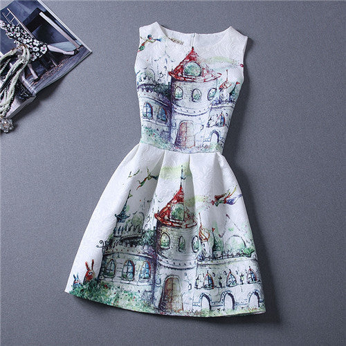 Cartoon Castle Summer Sleeveless Girls Print Dress Knee Length Princess A-Line Dress Clothes For Kids 6 to 12 years Old Kids-Dollar Bargains Online Shopping Australia