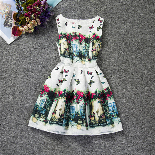 Cartoon Castle Summer Sleeveless Girls Print Dress Knee Length Princess A-Line Dress Clothes For Kids 6 to 12 years Old Kids-Dollar Bargains Online Shopping Australia