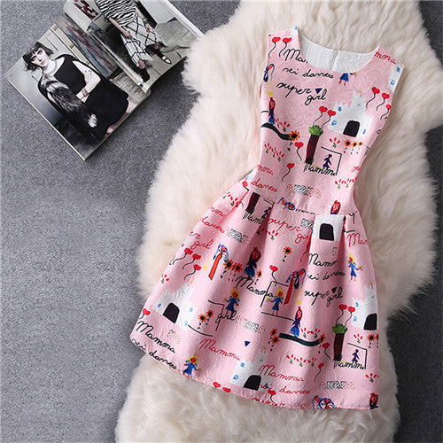 Cartoon Castle Summer Sleeveless Girls Print Dress Knee Length Princess A-Line Dress Clothes For Kids 6 to 12 years Old Kids-Dollar Bargains Online Shopping Australia