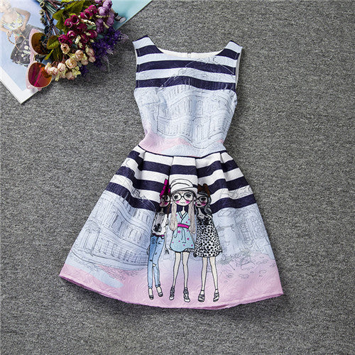 Cartoon Castle Summer Sleeveless Girls Print Dress Knee Length Princess A-Line Dress Clothes For Kids 6 to 12 years Old Kids-Dollar Bargains Online Shopping Australia