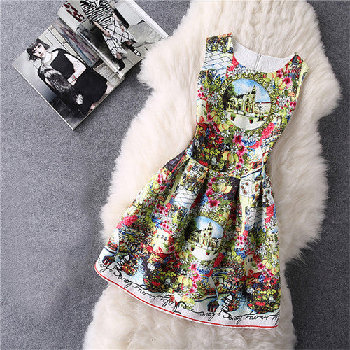 Cartoon Castle Summer Sleeveless Girls Print Dress Knee Length Princess A-Line Dress Clothes For Kids 6 to 12 years Old Kids-Dollar Bargains Online Shopping Australia