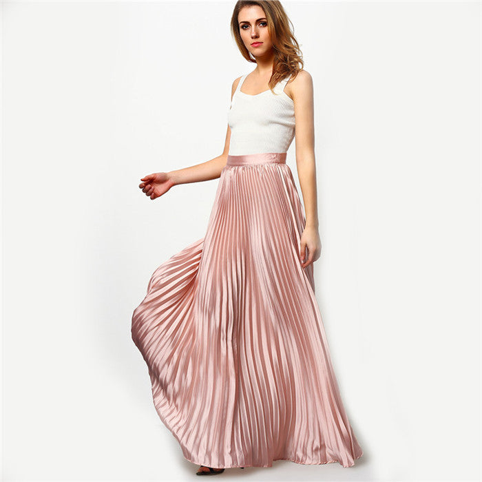 Spring Womens Fashion Designer Elegant Ladies Elastic Waist Pleated Beach Maxi Skirt-Dollar Bargains Online Shopping Australia