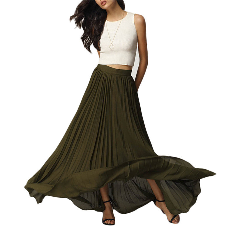 Spring Womens Fashion Designer Elegant Ladies Elastic Waist Pleated Beach Maxi Skirt-Dollar Bargains Online Shopping Australia