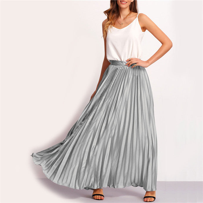 Spring Womens Fashion Designer Elegant Ladies Elastic Waist Pleated Beach Maxi Skirt-Dollar Bargains Online Shopping Australia