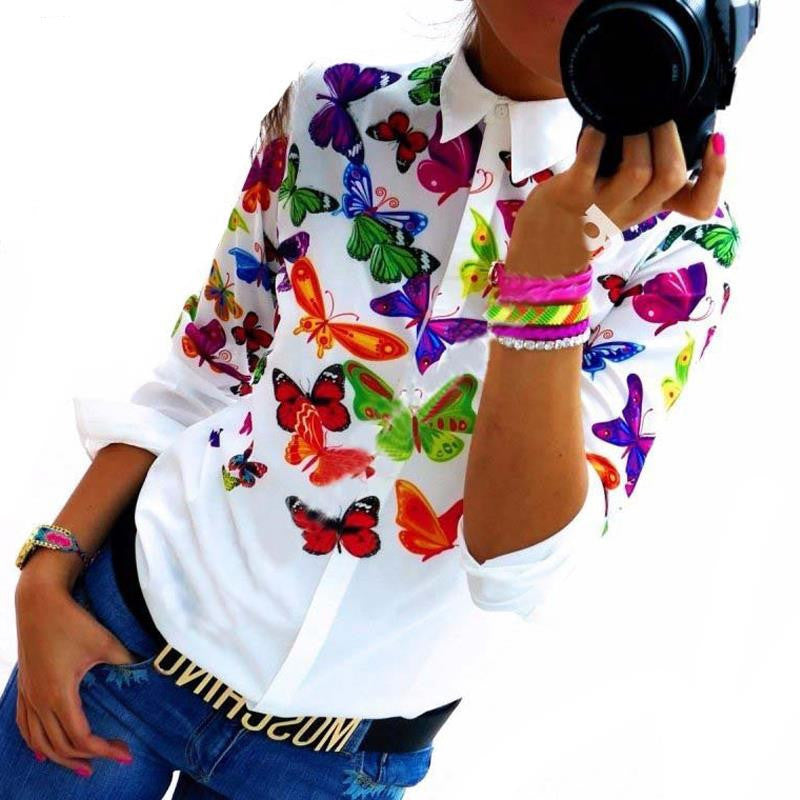 Floral Butterfly Printed Women Chiffon Blouses White Shirts Casual Office OL Spring Summer Women Tops-Dollar Bargains Online Shopping Australia