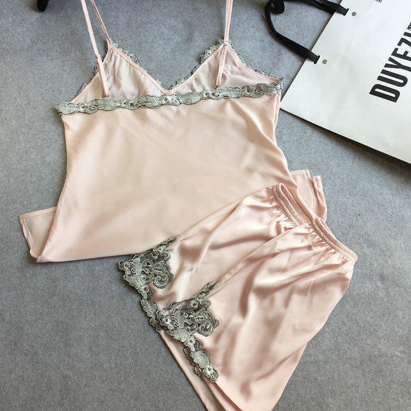 summer style pajamas sets Women Female Sleep Lace Women's Deep V-neck Sexy Spaghetti Strap Shorts Sleepwear silk homewear-Dollar Bargains Online Shopping Australia