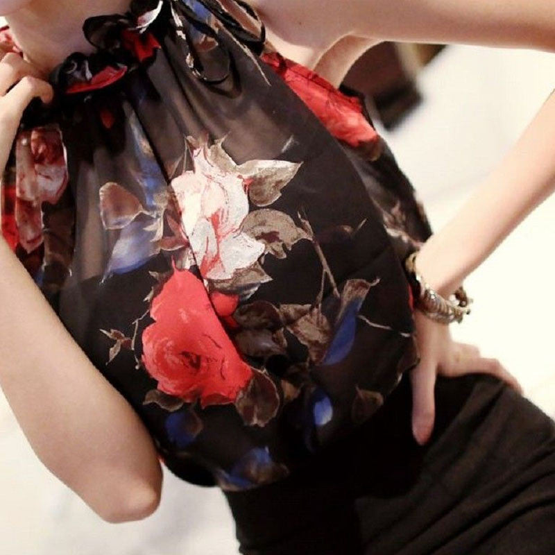 Fashion Summer Clothing Floral Chiffon Halter Sexy Strapless Women Tops Loose Sleeveless Shirt Wild Casual Womens HE008-Dollar Bargains Online Shopping Australia