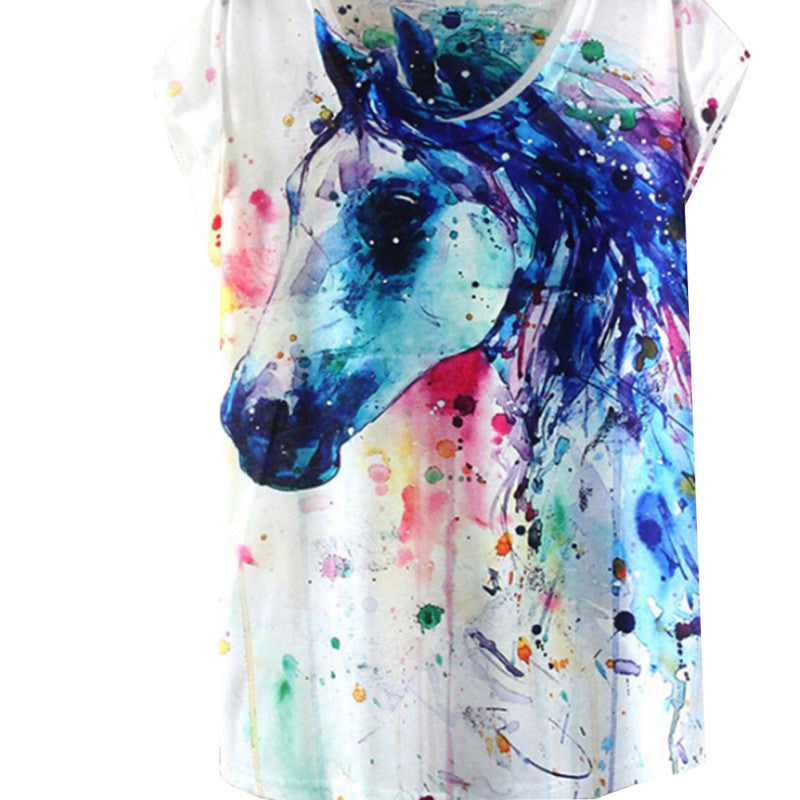 Summer Style Ink Painting Horse Pattern Print T-Shirt Women Summer Clothes Round Collar Women T Shirt Female Tops-Dollar Bargains Online Shopping Australia