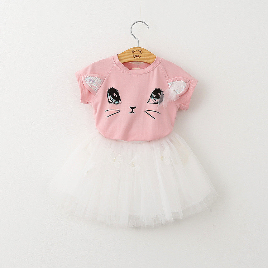 Girls Clothing Sets Summer Fashion Style Cartoon Kitten Printed T-Shirts+Net Veil Dress 2Pcs Girls Clothes Sets-Dollar Bargains Online Shopping Australia