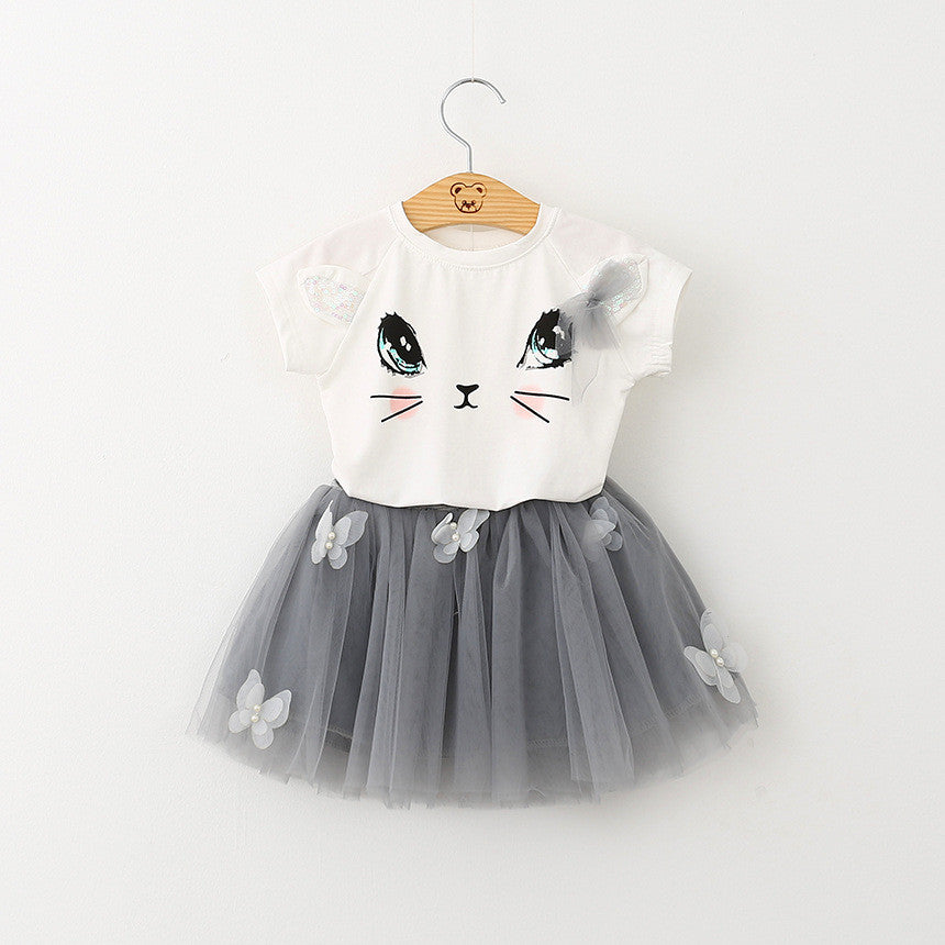 Girls Clothing Sets Summer Fashion Style Cartoon Kitten Printed T-Shirts+Net Veil Dress 2Pcs Girls Clothes Sets-Dollar Bargains Online Shopping Australia