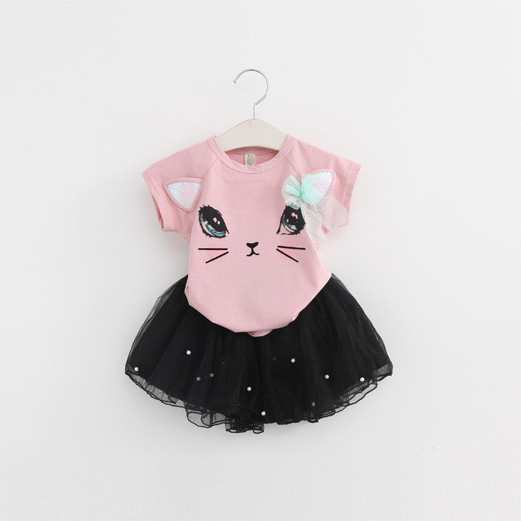 Girls Clothing Sets Summer Fashion Style Cartoon Kitten Printed T-Shirts+Net Veil Dress 2Pcs Girls Clothes Sets-Dollar Bargains Online Shopping Australia